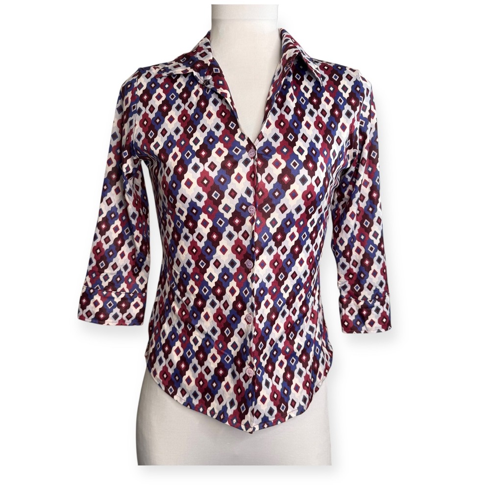 Vtg ICB Woman Geometric Diamond Print Button Front 3/4 Sleeve‎ Shirt Size S